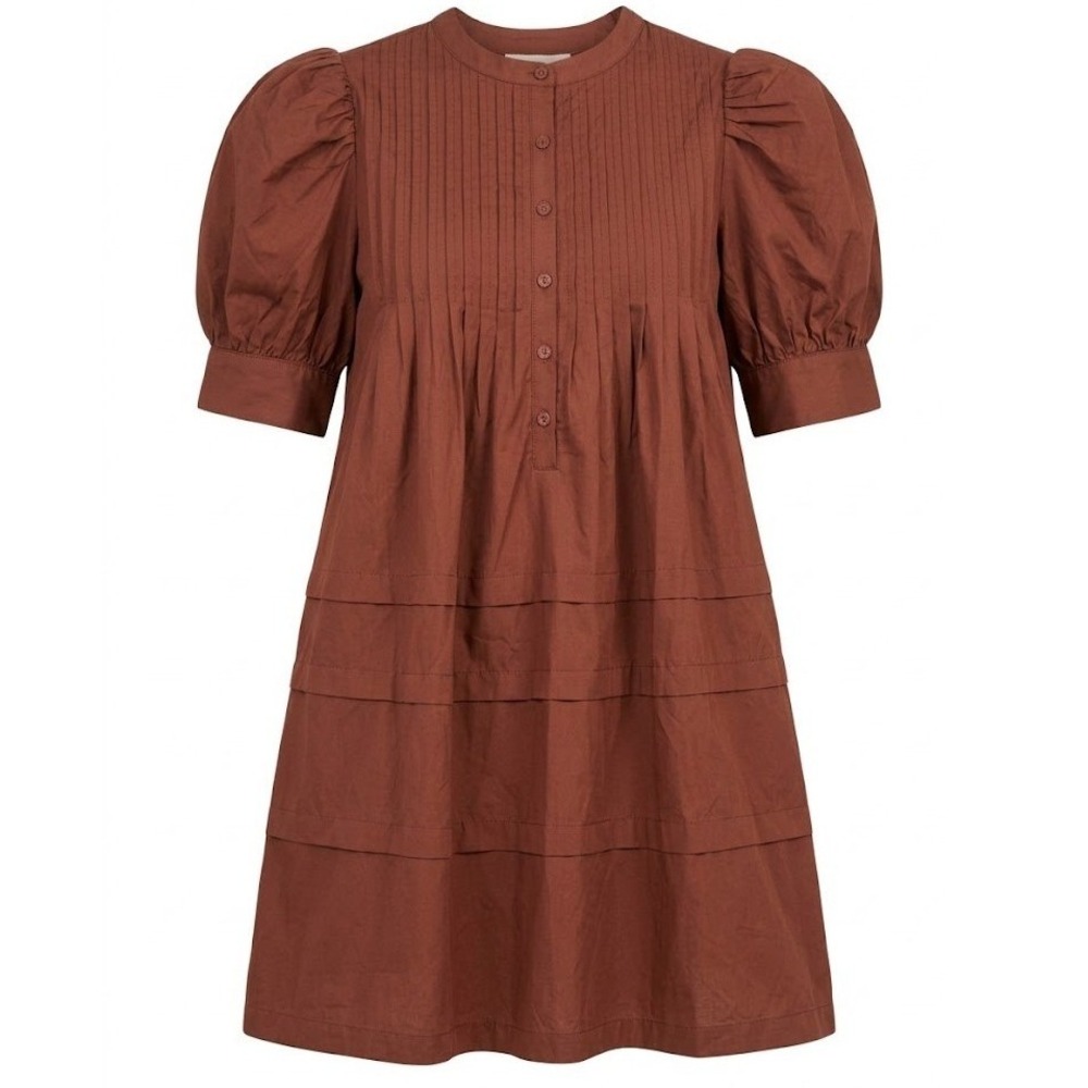 Entro Brown Puff Sleeve Tiered Babydoll Dress Pockets Small Pleated